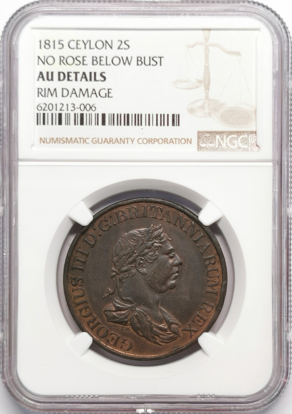 凡希社世界钱币微拍第二百十三期 1815英属锡兰2ST大铜NGC-AUD