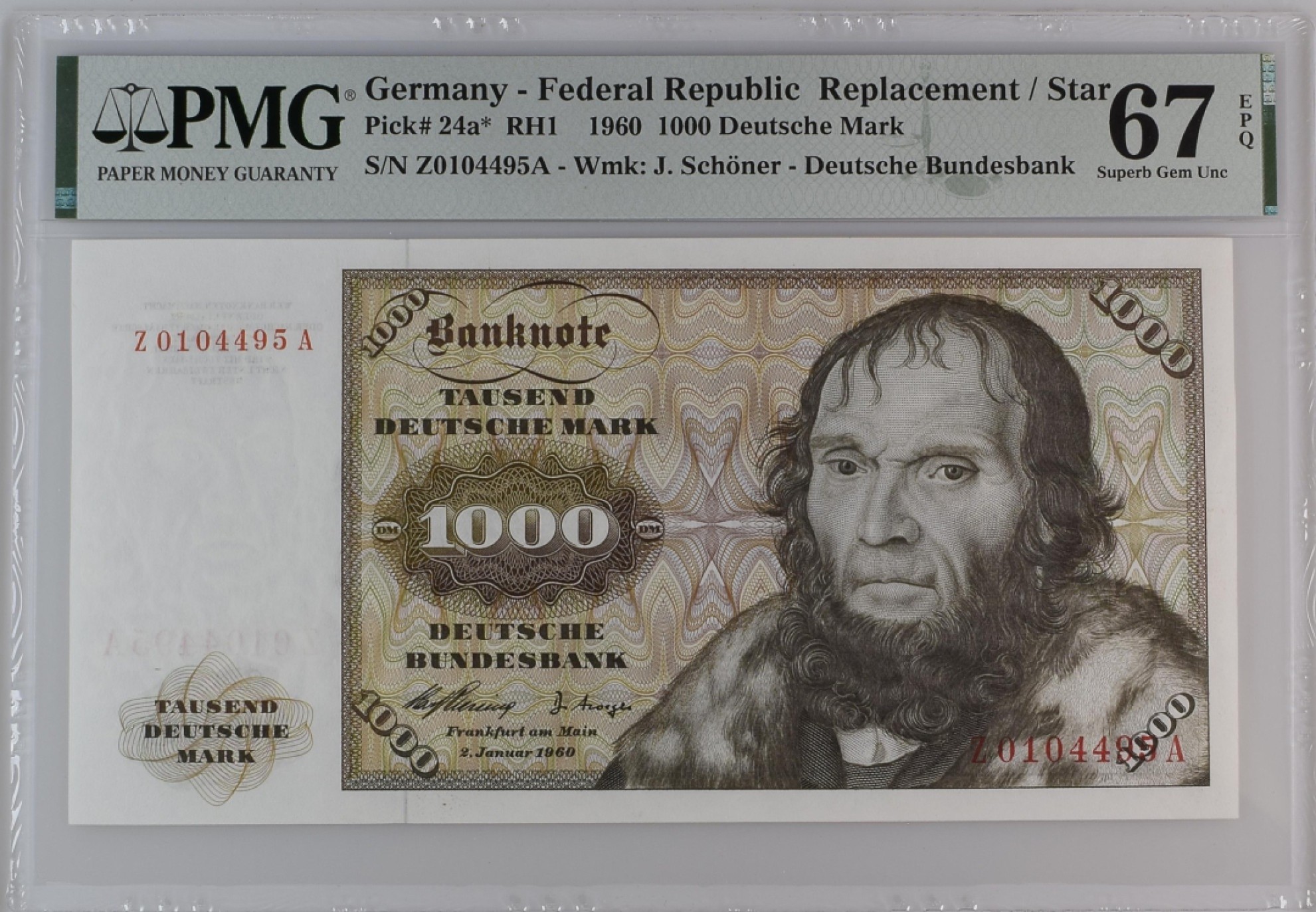 收藏联盟Quantum Auction 第194期——白金之夜 秋季拍卖 德国联邦1960年1000马克 PMG67 补号唯一冠军分 天文学家舍那