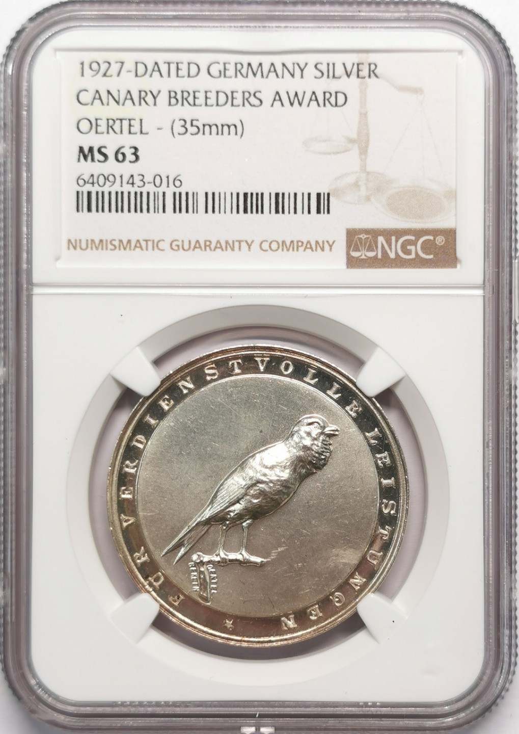 凡希社世界钱币微拍第二百十三期 1927德国金丝雀鸟展览银质奖章NGC-MS63实物PL
