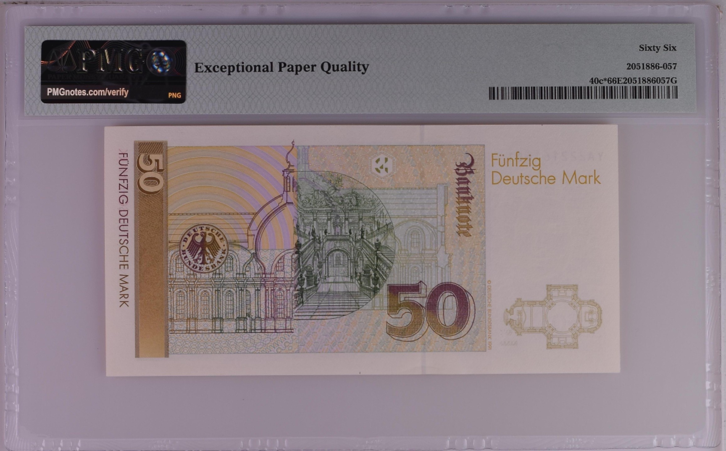 收藏联盟Quantum Auction 第194期——白金之夜 秋季拍卖 德国联邦1993年50马克 PMG66  补号 稀少年份 号码无4且豹子号开头