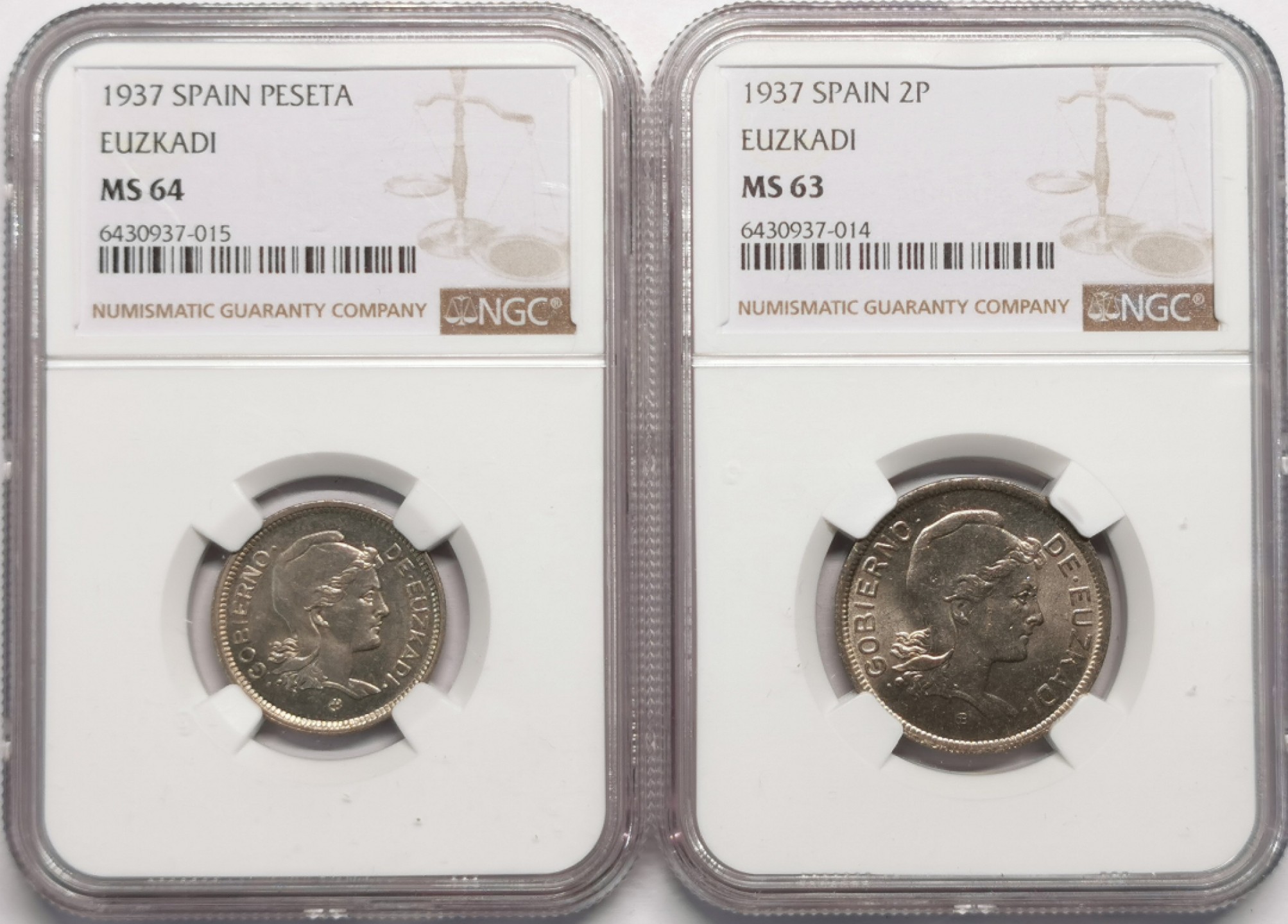 凡希社世界钱币微拍第二百十三期 1937西班牙1P/2P一对NGC-MS63/64