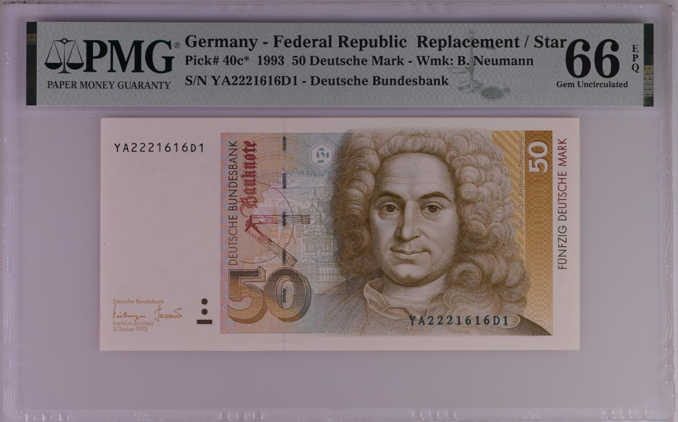收藏联盟Quantum Auction 第194期——白金之夜 秋季拍卖 德国联邦1993年50马克 PMG66  补号 稀少年份 号码无4且豹子号开头