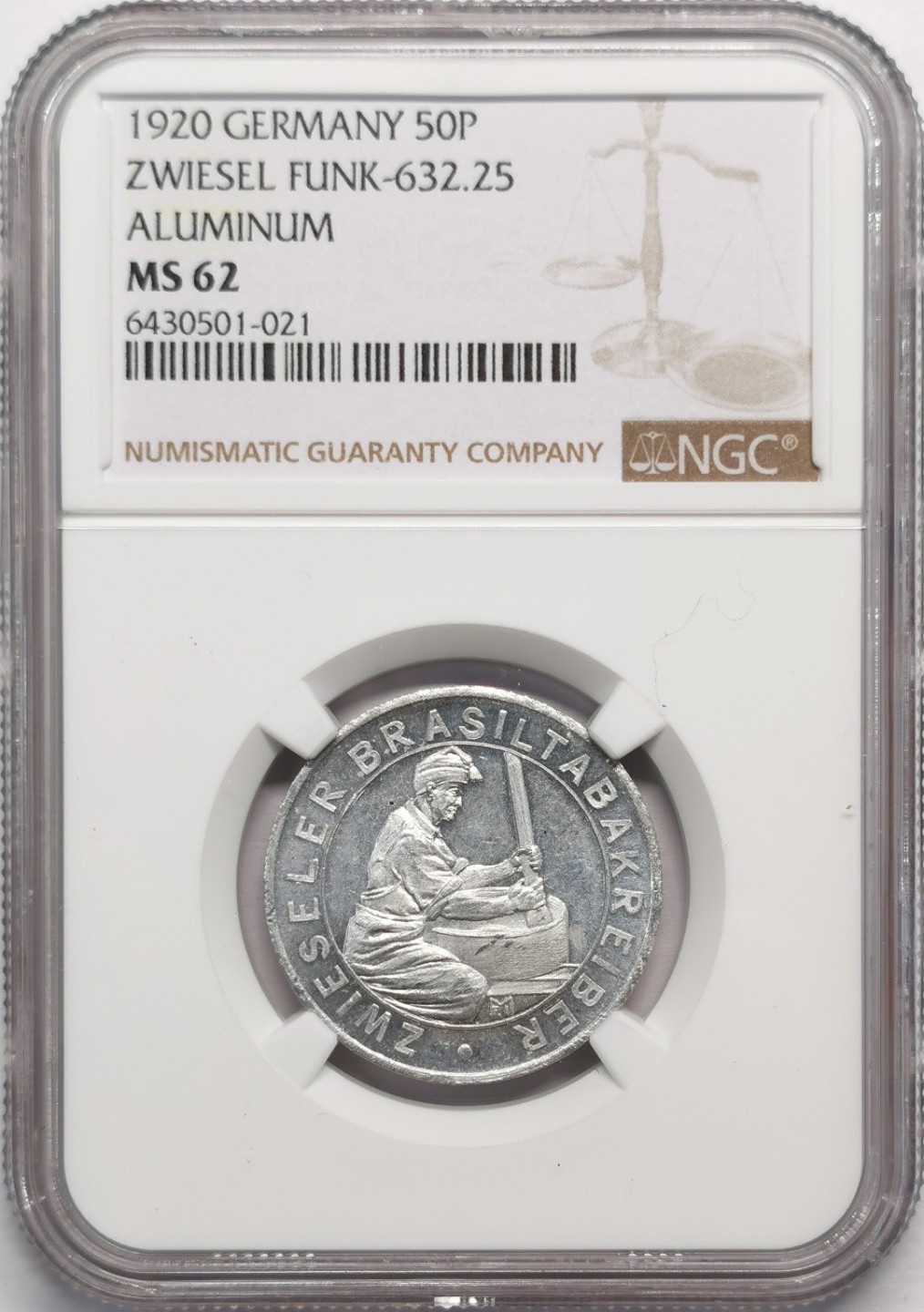凡希社世界钱币微拍第二百十三期 1920德紧茨维塞尔50芬尼铝币NGC-MS62