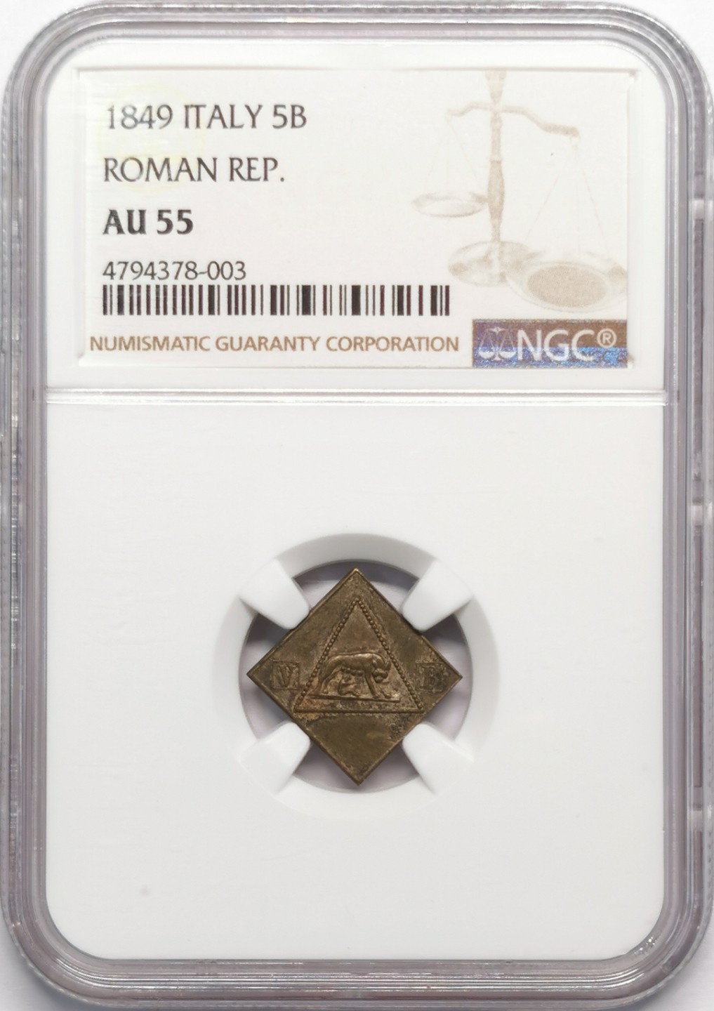 凡希社世界钱币微拍第二百十三期 稀！1849罗马共和国5贝科阿菱形铜币NGC-AU55母狼与罗马！