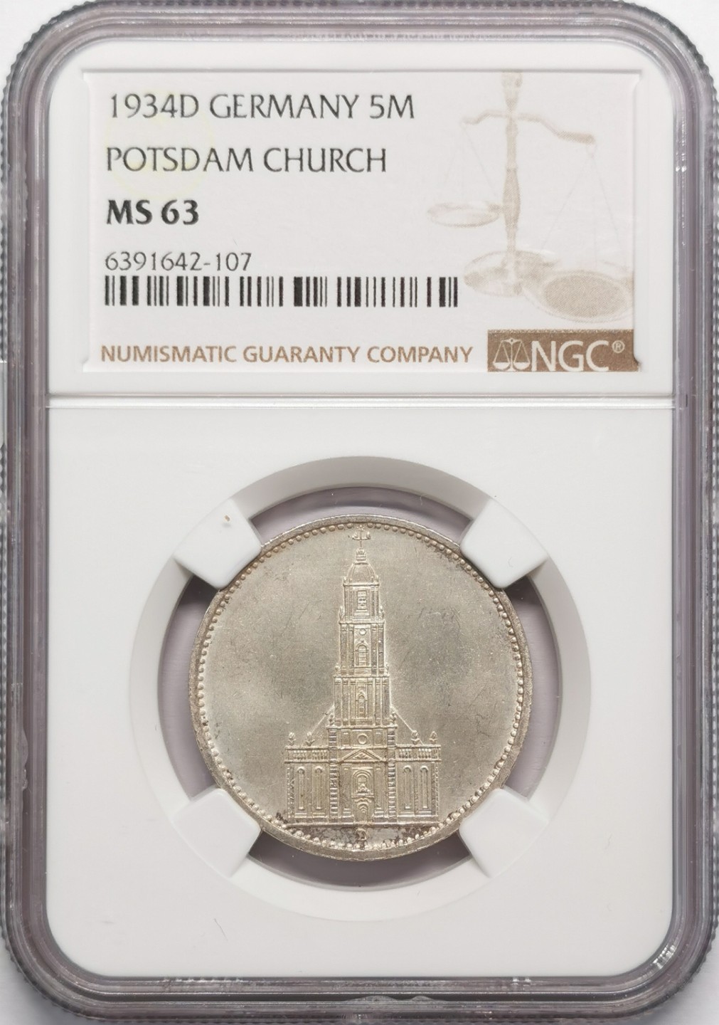 凡希社世界钱币微拍第二百十三期 1934德国波兹坦教堂5马克NGC-MS63