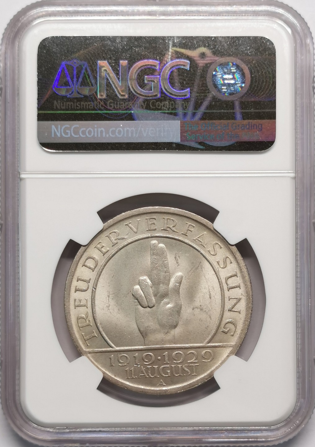 凡希社世界钱币微拍第二百十三期 1929魏玛宪法纪念5马克大银NGC-MS62