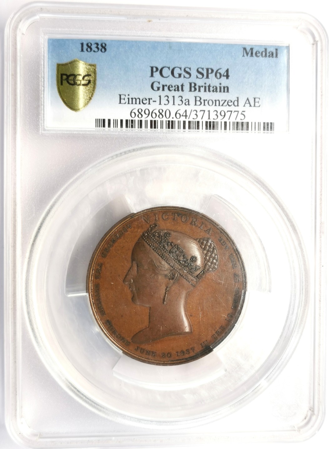凡希社世界钱币微拍第二百十三期 荐！1838英国维多利亚加冕纪念大铜章PCGS-SP64 J.Davis作品 51mm