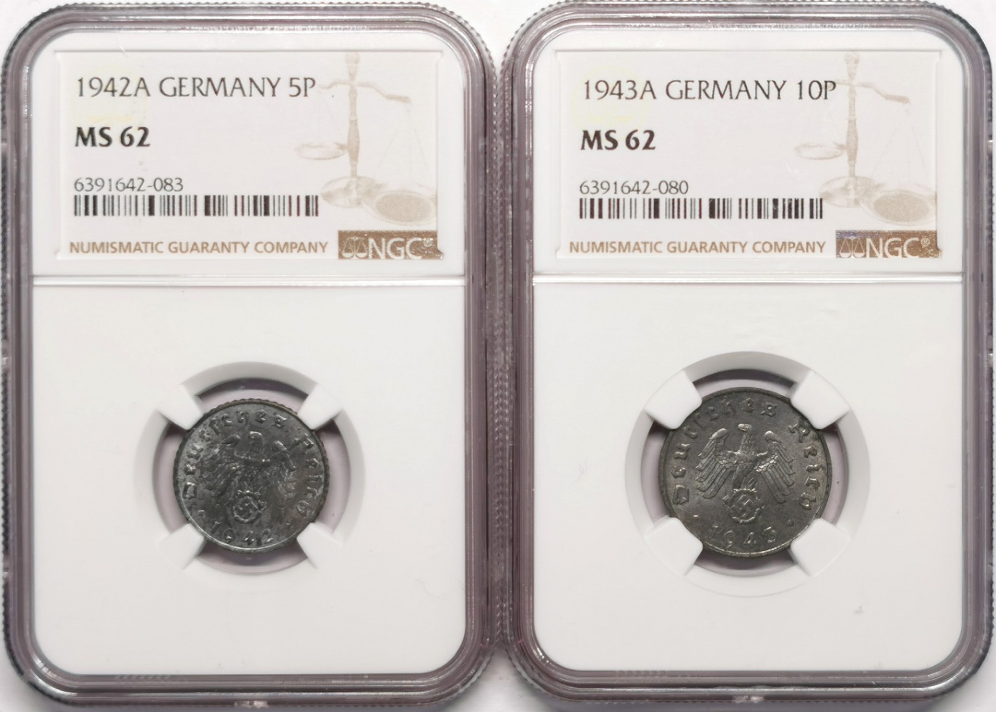 凡希社世界钱币微拍第二百十三期 德国5/10芬尼锌币一对NGC-MS62品相难得！