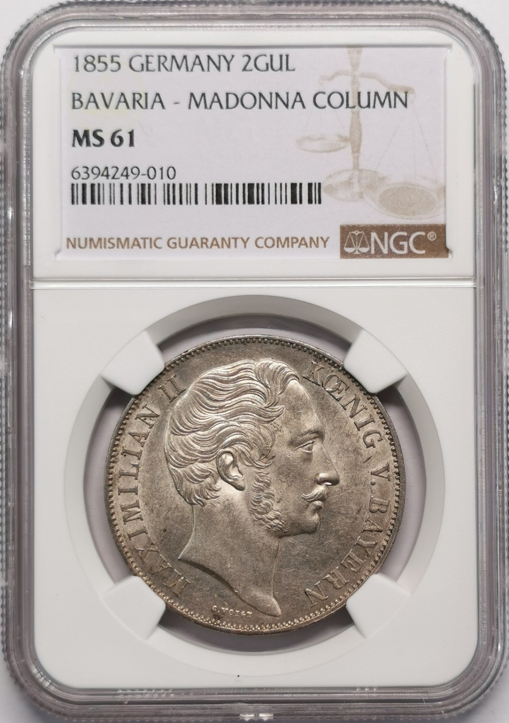 凡希社世界钱币微拍第二百十三期 1855巴伐利亚圣母柱2盾大银NGC-MS61