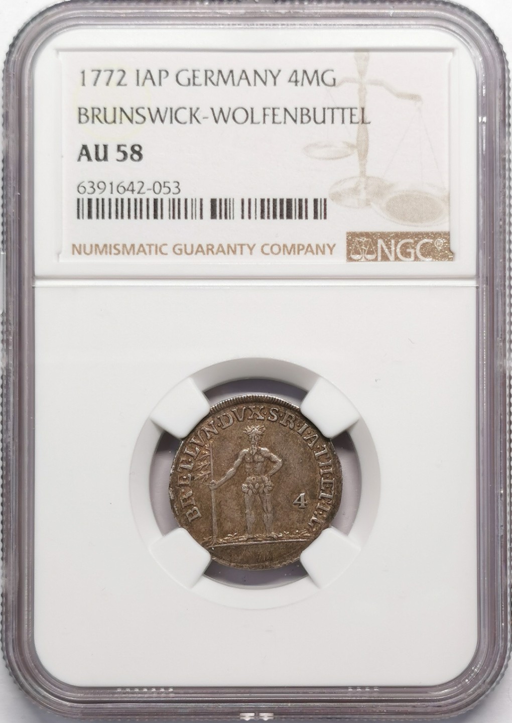 凡希社世界钱币微拍第二百十三期 1772布伦瑞克沃芬布特野人4MG银币NGC-AU58原味