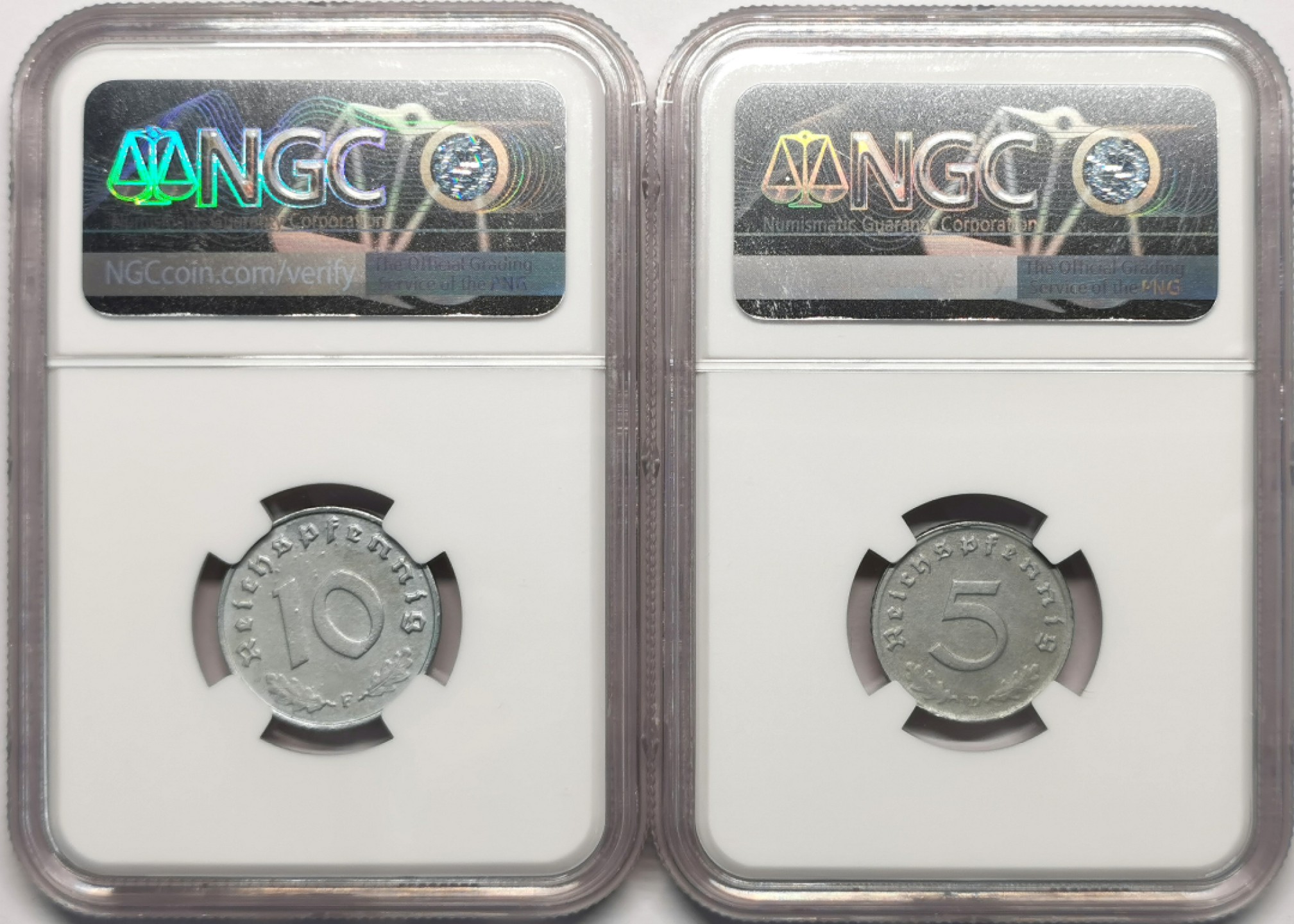 凡希社世界钱币微拍第二百十三期 德国盟军占领区5芬尼/10芬尼一对NGC