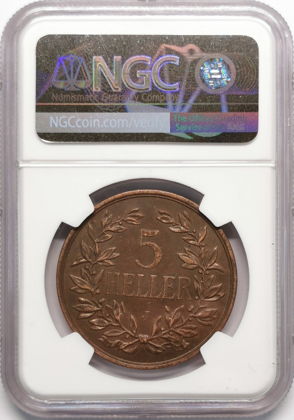 凡希社世界钱币微拍第二百十三期 1908J德属东非5HELLER大铜NGC-AU55