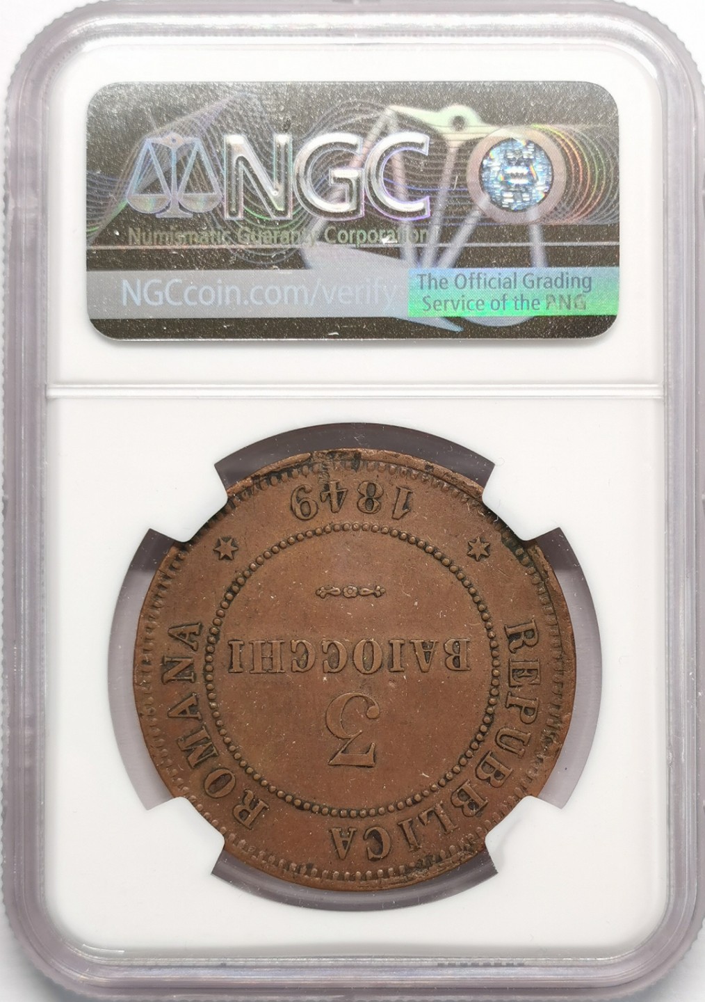 凡希社世界钱币微拍第二百十三期 荐！1849罗马共和国3贝科阿大铜NGC-MS62品相难得！