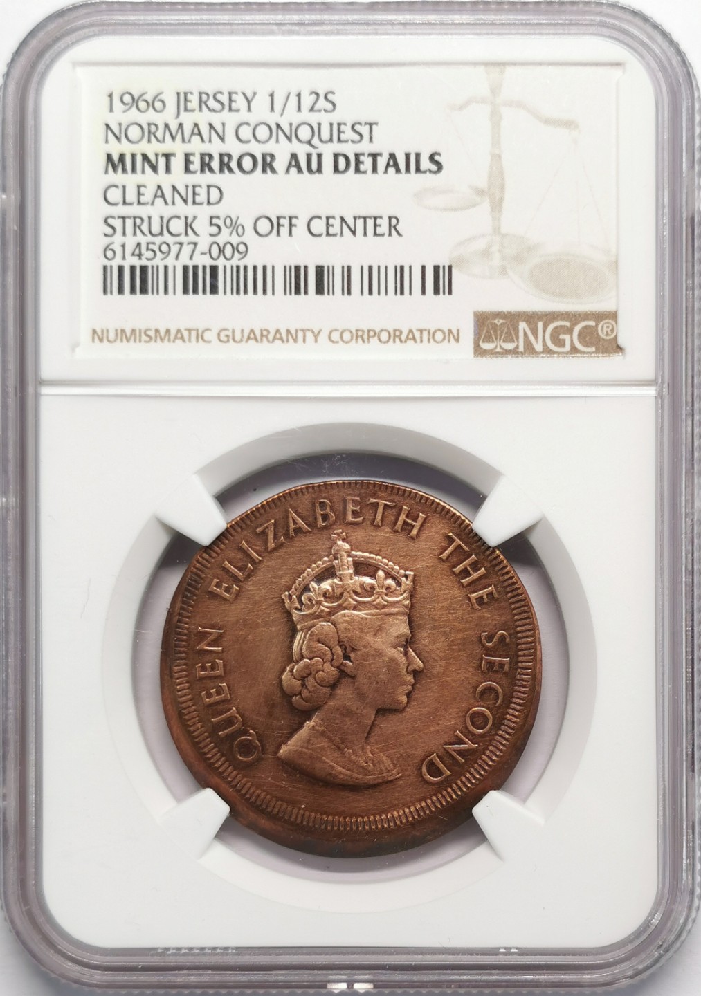 凡希社世界钱币微拍第二百十三期 1966泽西岛诺曼征服纪念1/12先令铜币NGC-AUD位移错版！