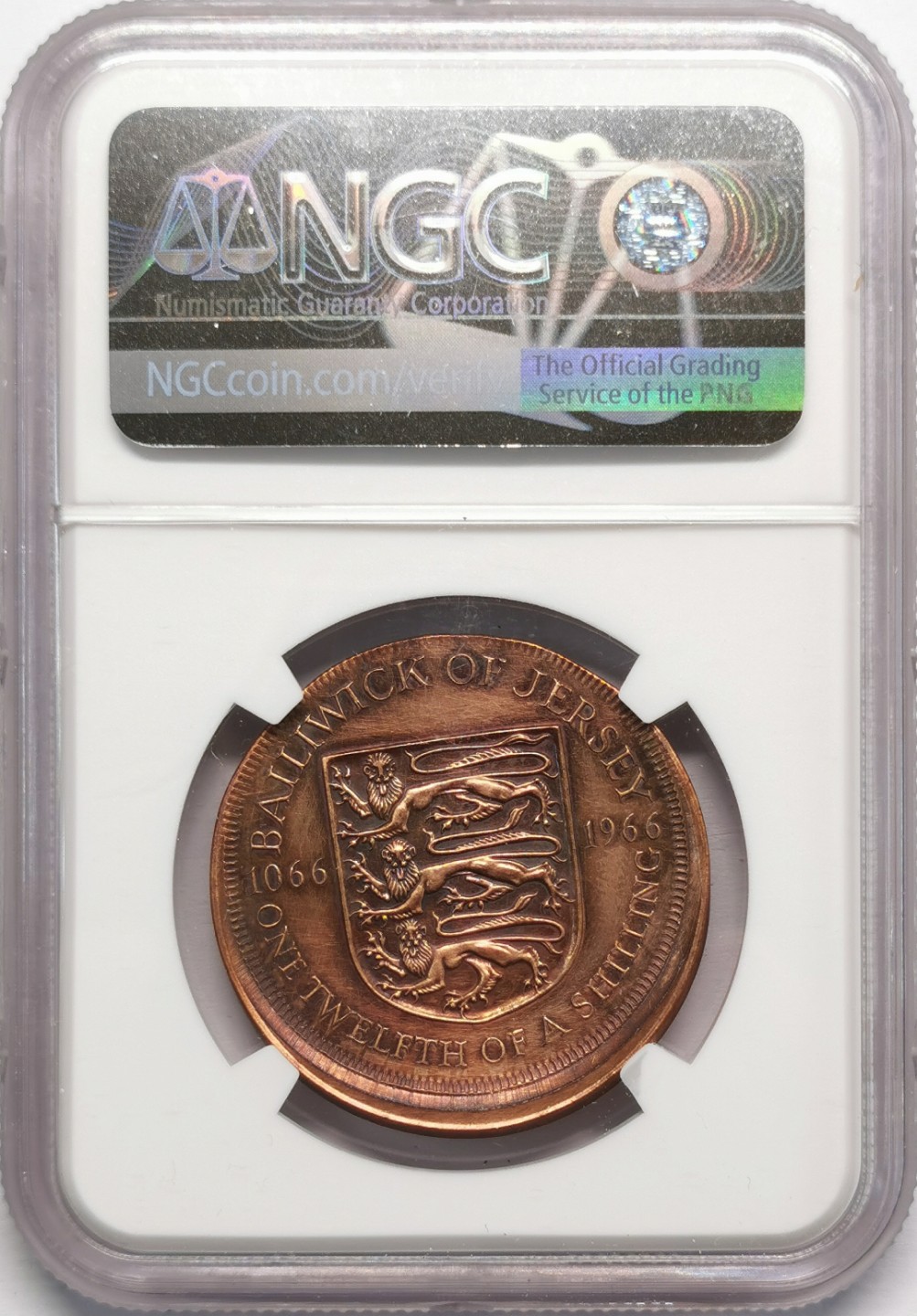 凡希社世界钱币微拍第二百十三期 1966泽西岛诺曼征服纪念1/12先令铜币NGC-AUD位移错版！