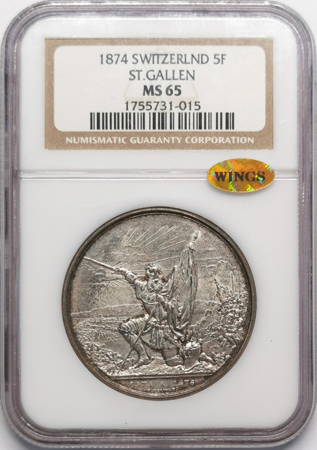 凡希社世界钱币微拍第二百十三期 荐！1874瑞士圣加仑射击节5法郎大银NGC-MS65收藏级！