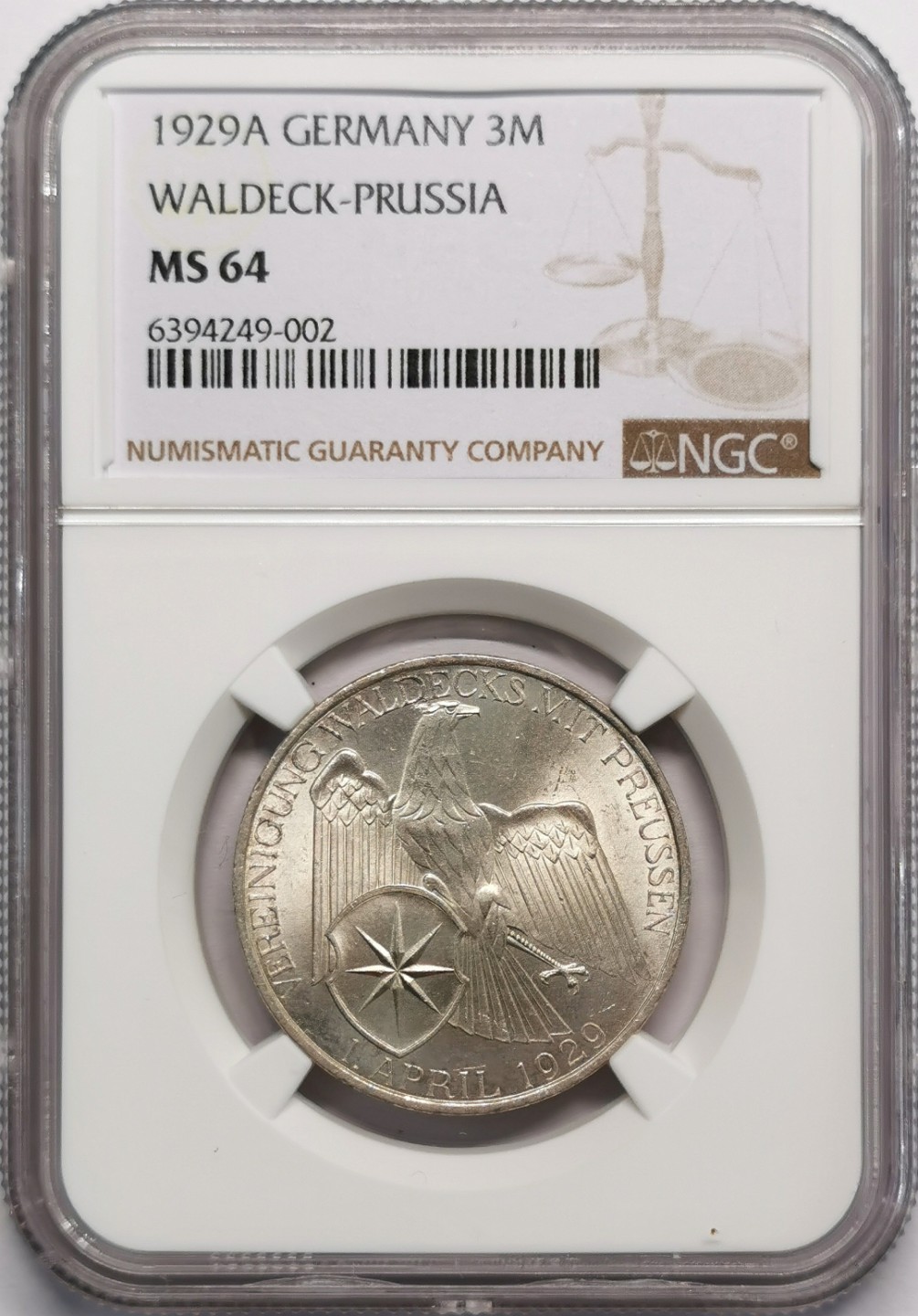 凡希社世界钱币微拍第二百十三期 1929魏玛瓦尔德普鲁士联盟纪念3马克银币NGC-MS64