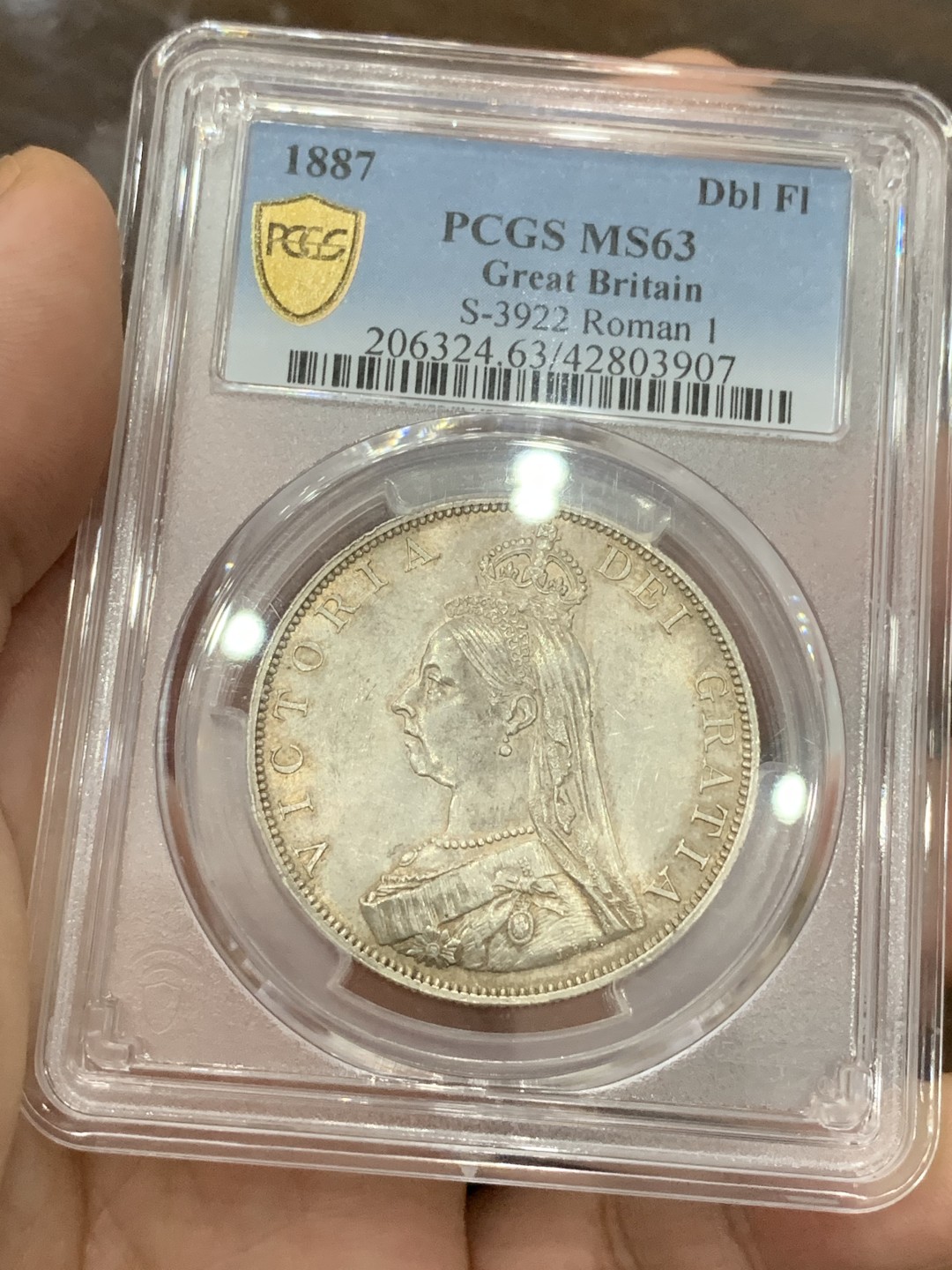 《竞宝斋》第98场-本周日，周一2场连拍（全场不限金额包邮） PCGS MS63 英国 罗马1 维多利亚双弗罗林1887 比阿拉伯1要少 高分不错 双福低估品种