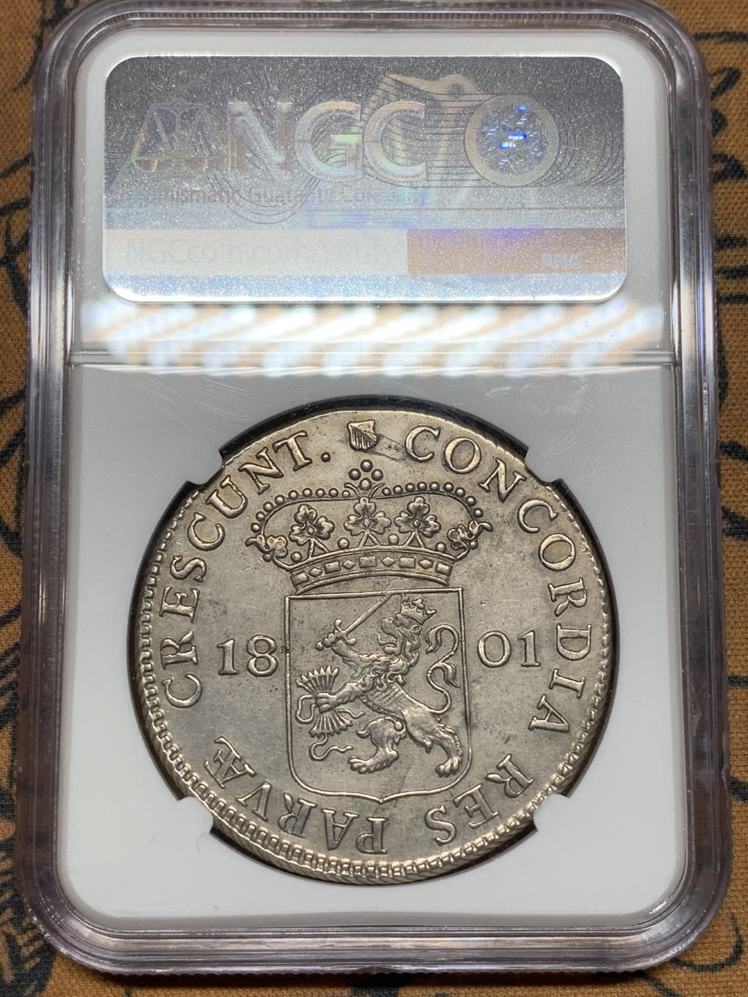 《竞宝斋》第98场-本周日，周一2场连拍（全场不限金额包邮） NGC AUD 荷兰 1801 乌特勒支 站人武士 1杜卡特大银币 双面全深打