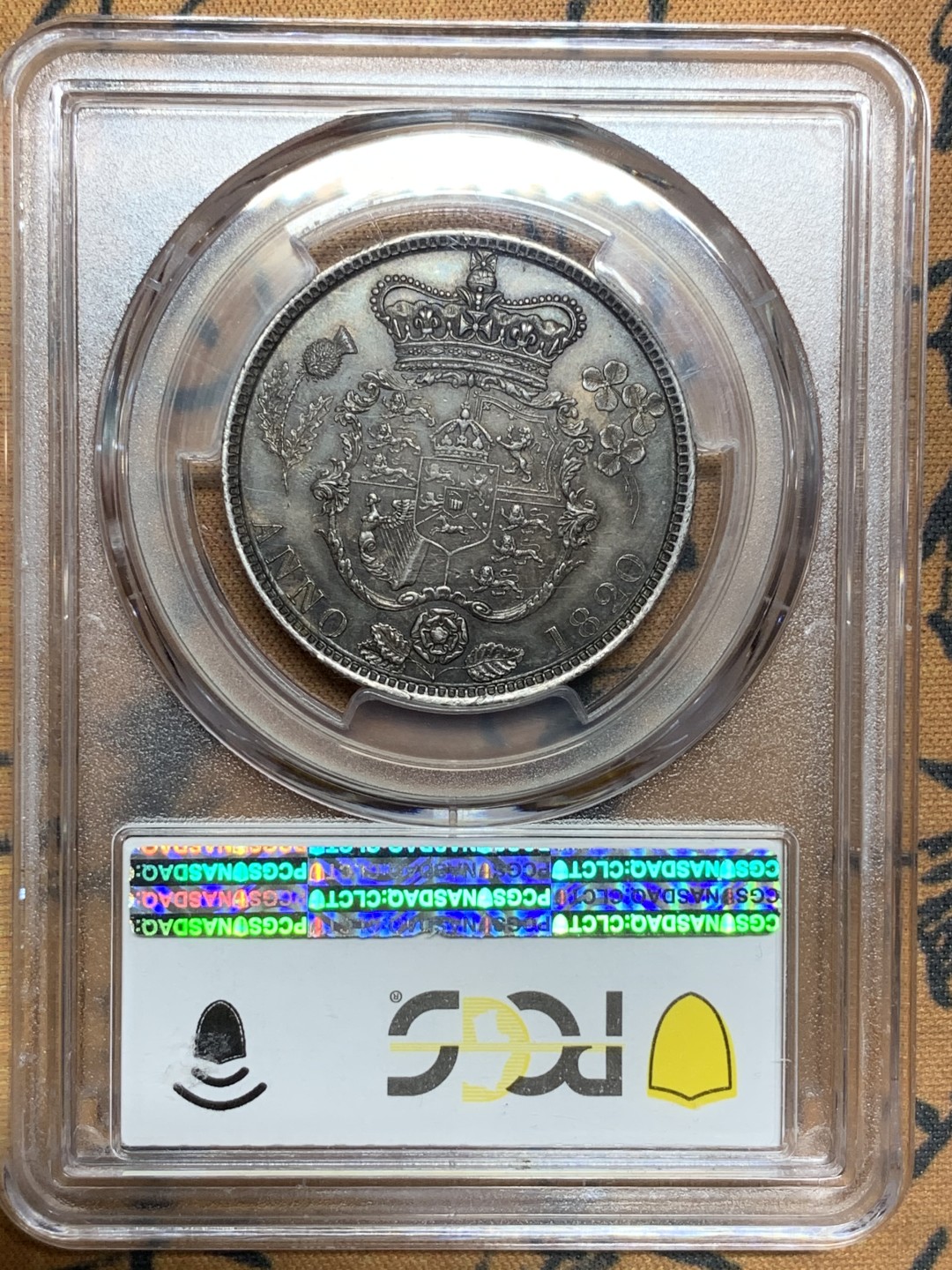 《竞宝斋》第98场-本周日，周一2场连拍（全场不限金额包邮） PCGS AU58 英国 1820年 乔四半克朗 银币 老五彩包浆 包浆币给分不容易