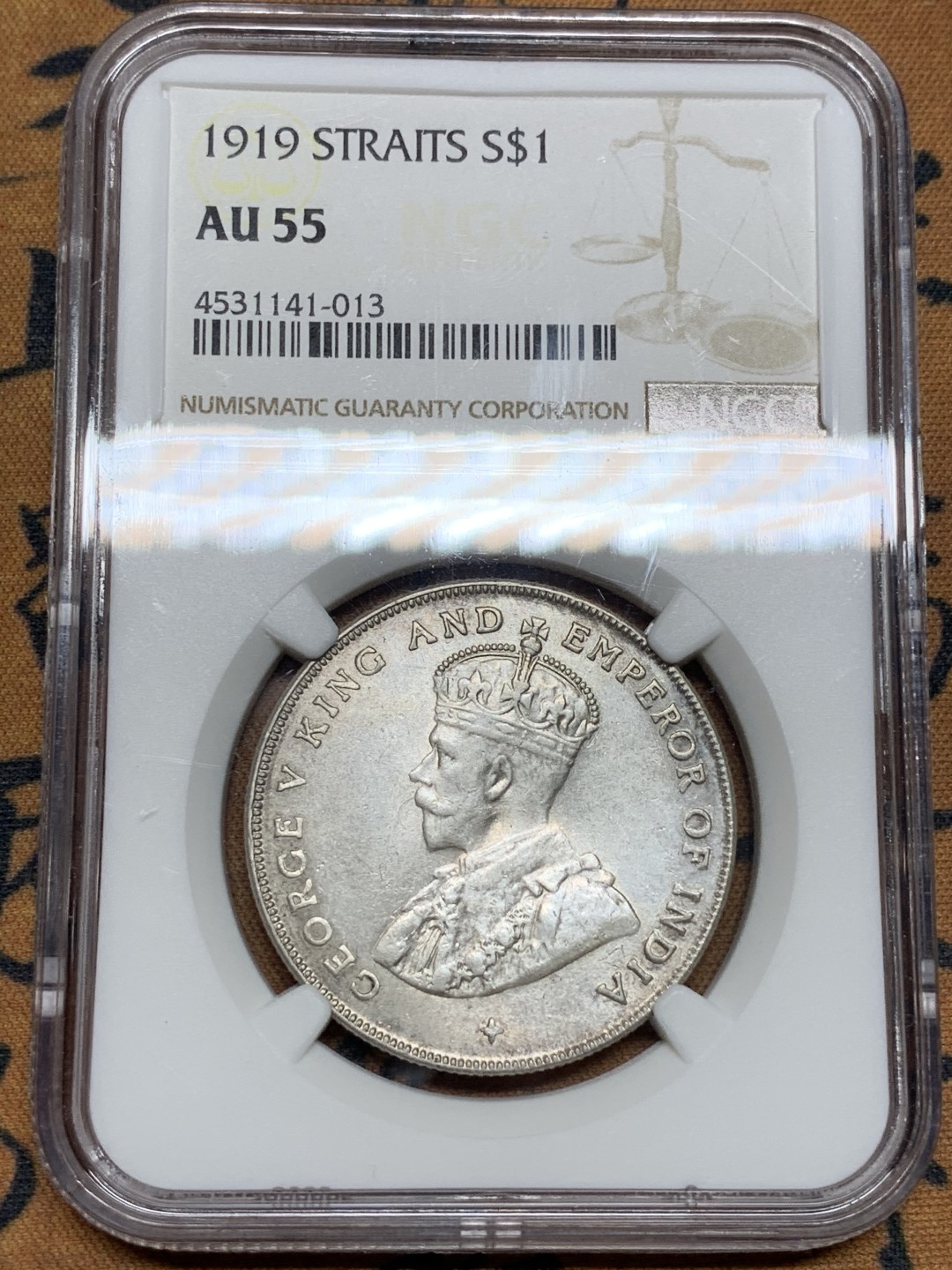 《竞宝斋》第98场-本周日，周一2场连拍（全场不限金额包邮） NGC-AU55 海峡殖民地 1919年 乔五  壹圆 银币 打制好 底光明显 给分含蓄了