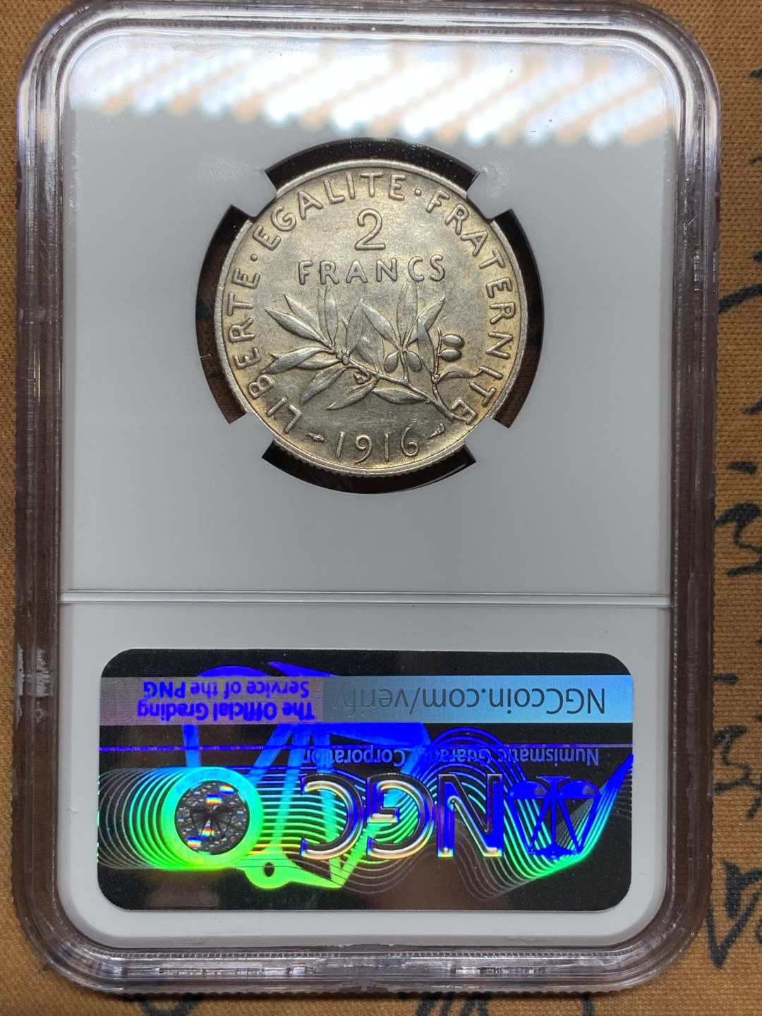 《竞宝斋》第98场-本周日，周一2场连拍（全场不限金额包邮） NGC AU53 法国1916年 2法郎 银币