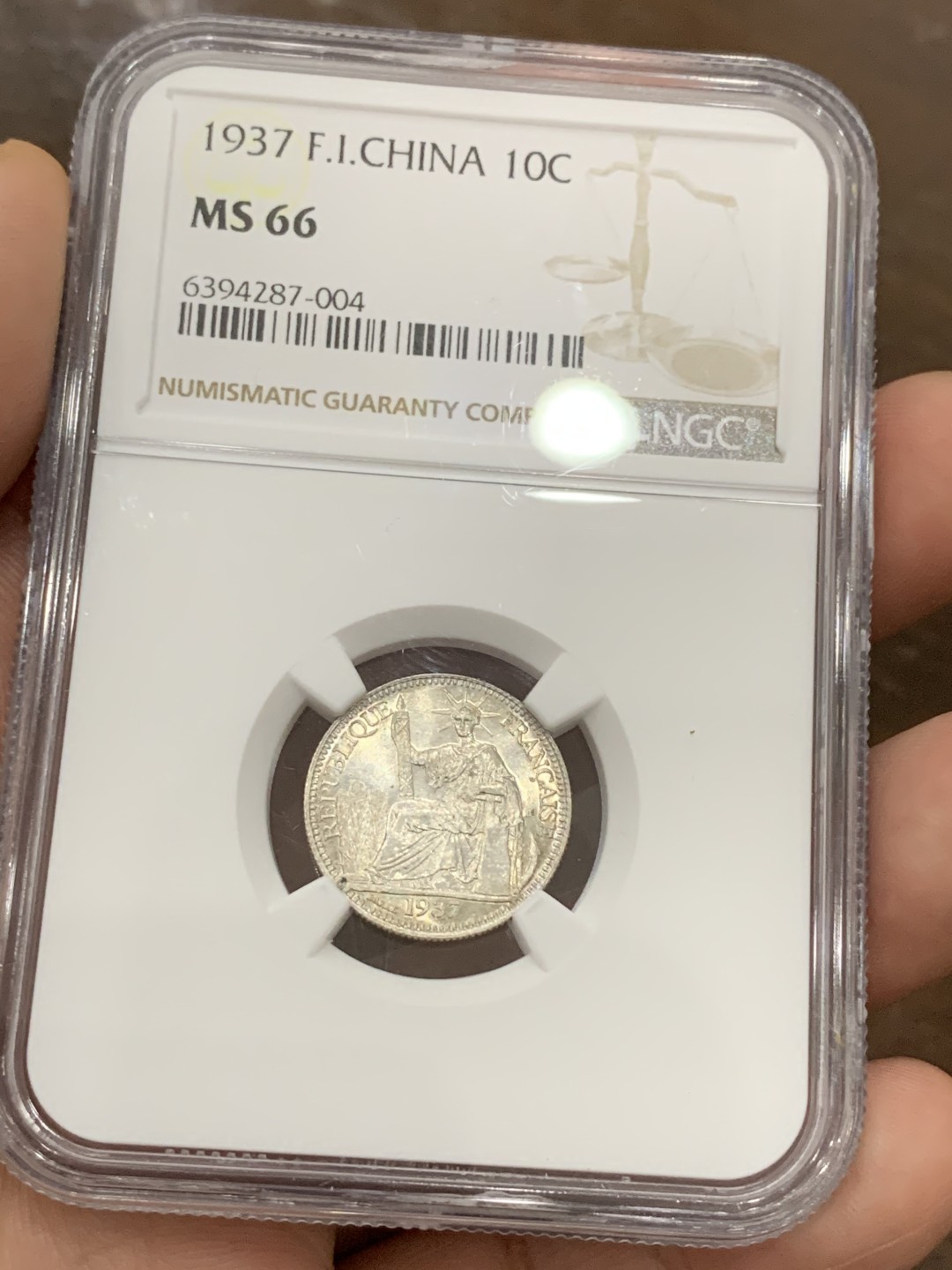 《竞宝斋》第98场-本周日，周一2场连拍（全场不限金额包邮） NGC MS66  法属印支   1937年 坐洋 10分 银币 顶级分数 不要错过