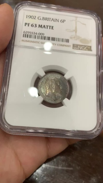《竞宝斋》第98场-本周日，周一2场连拍（全场不限金额包邮） NGC PF63MATTE 深彩英国1902年爱七精制6便士银币