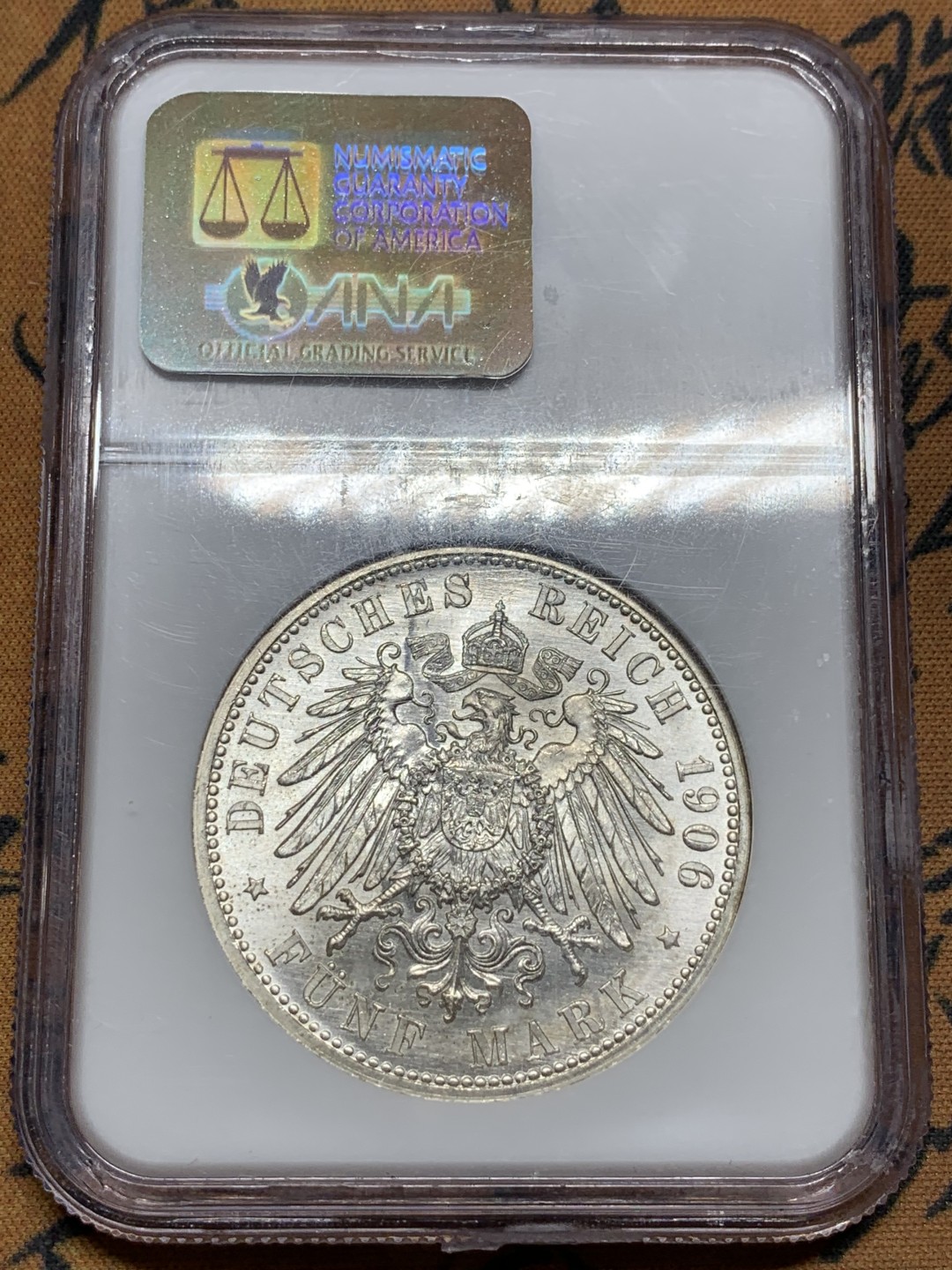 《竞宝斋》第98场-本周日，周一2场连拍（全场不限金额包邮） NGC-MS64 德国巴登1906年5马克银币，好题材金婚纪念5马克，NGC老白盒