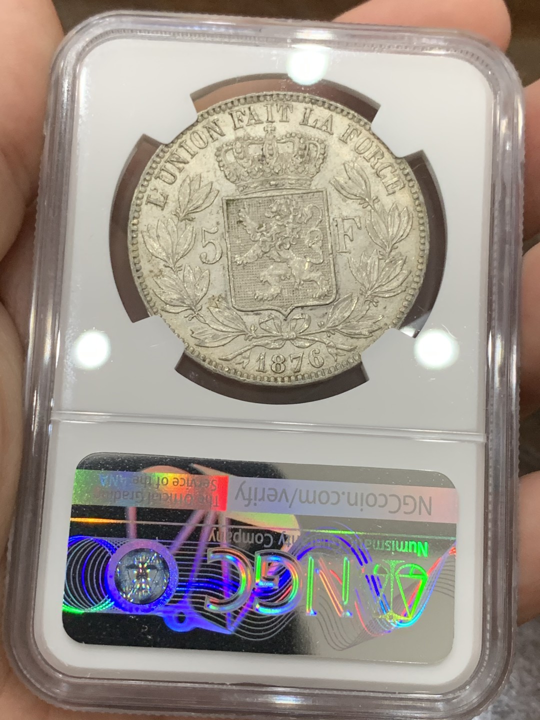 《竞宝斋》第98场-本周日，周一2场连拍（全场不限金额包邮） NGC-MS62 比利时1876年 利奥波德二世 5法郎大银币 这样的品种也是越来越少了