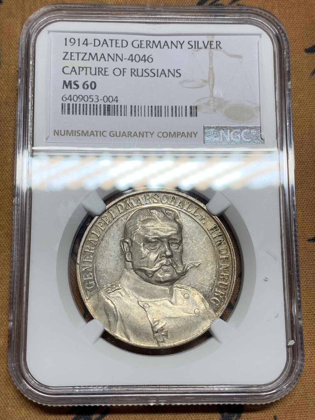 《竞宝斋》第98场-本周日，周一2场连拍（全场不限金额包邮） NGC MS60 德国 1914 卡尔哥茨设计一战兴登堡东线大捷纪念银章（马祖里湖基恩战役大胜）俘获80000俄军 非常稀少