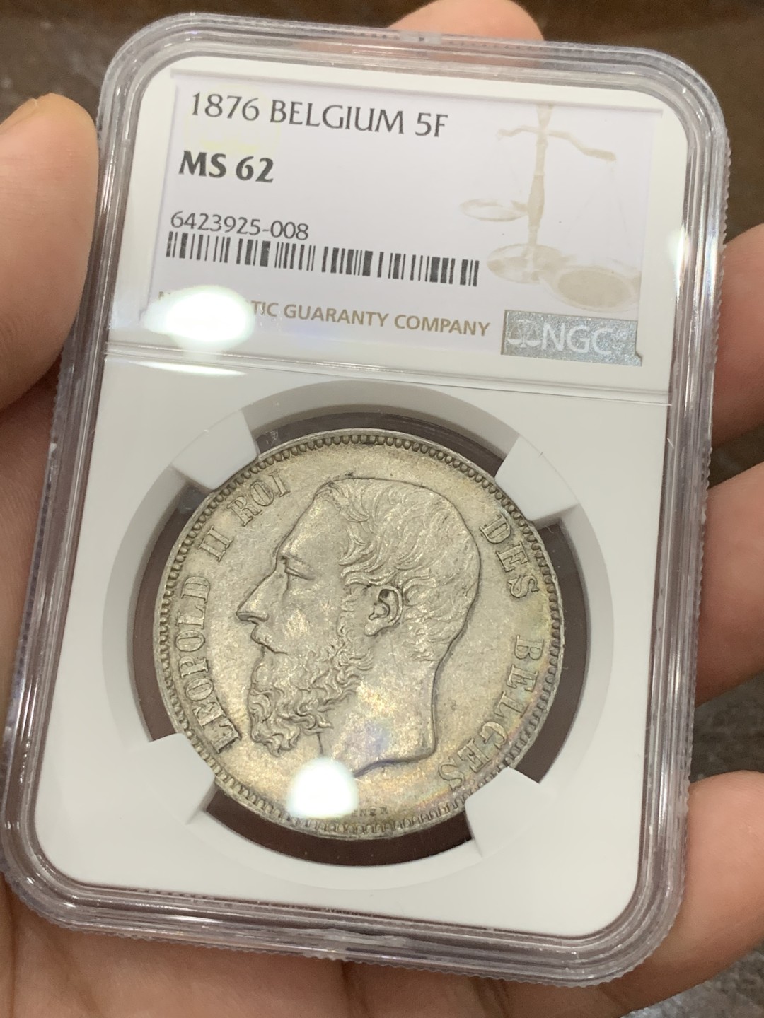 《竞宝斋》第98场-本周日，周一2场连拍（全场不限金额包邮） NGC-MS62 比利时1876年 利奥波德二世 5法郎大银币 这样的品种也是越来越少了