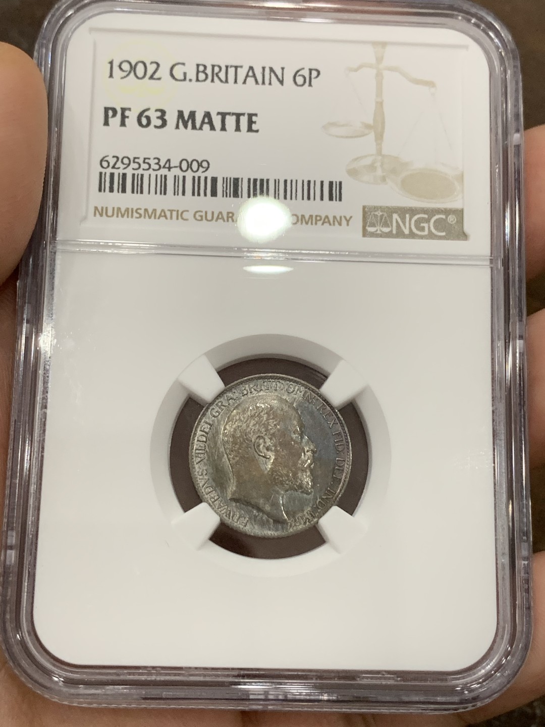 《竞宝斋》第98场-本周日，周一2场连拍（全场不限金额包邮） NGC PF63MATTE 深彩英国1902年爱七精制6便士银币