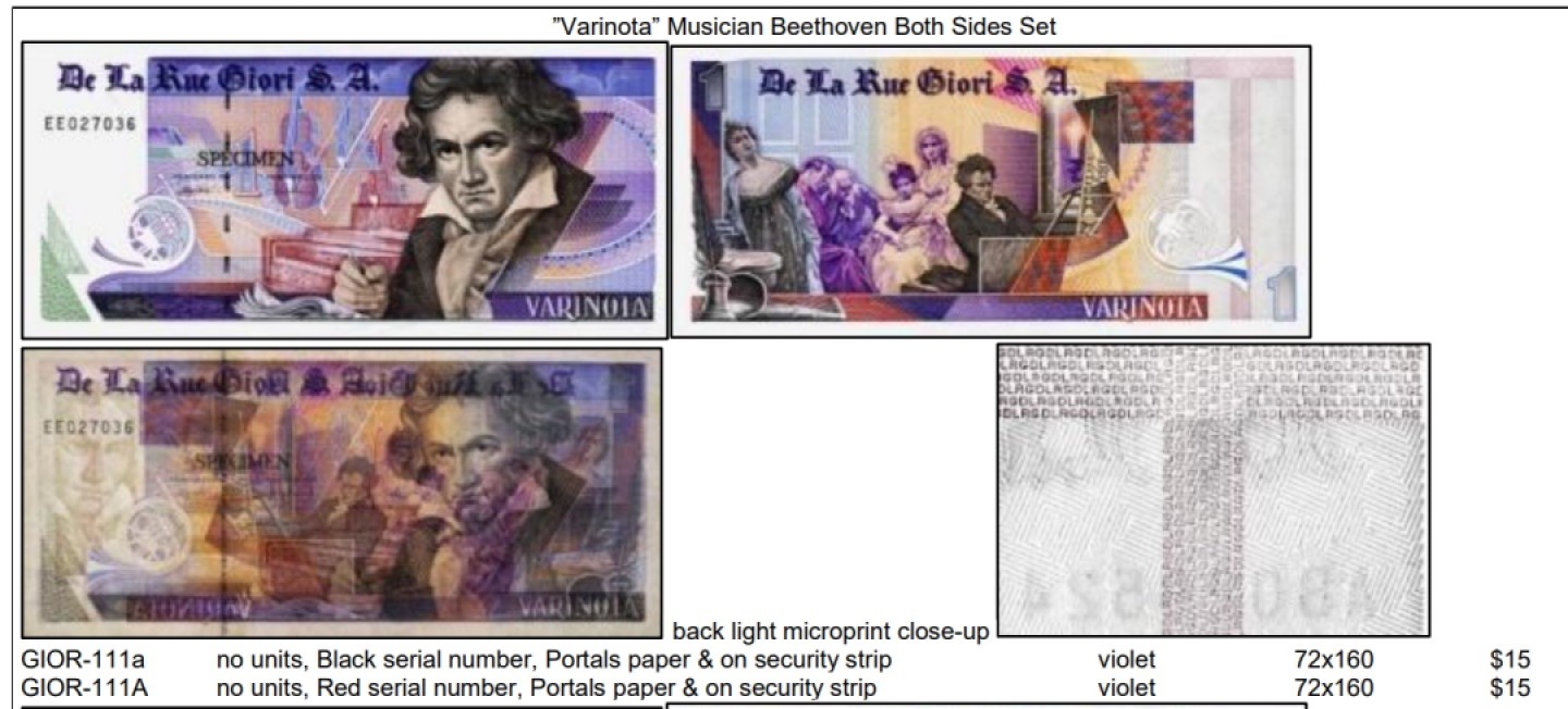 2026第1场（总第228期）：精品测试钞、外钞、塑料钞、连体钞综合场 德纳罗Giori 贝多芬“Varinota”系列测试钞票样Specimen（PMG66）