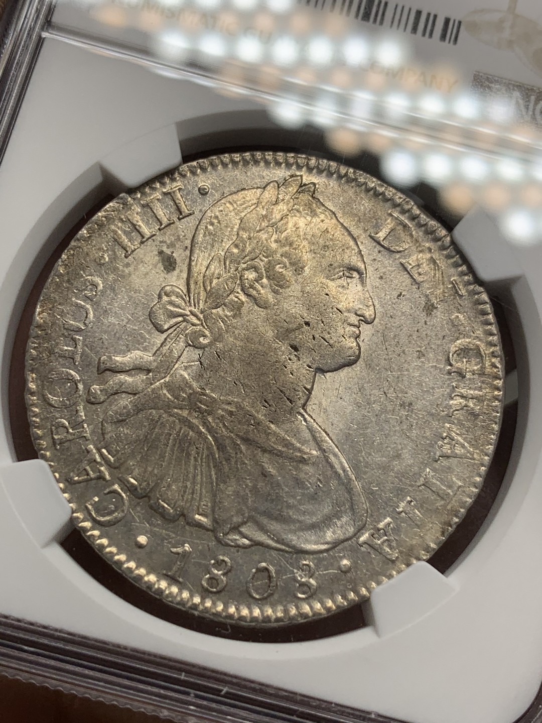 《竞宝斋》第98场-本周日，周一2场连拍（全场不限金额包邮） NGC AU53 墨西哥 1808年 卡四  8R 双柱大银币深打 底光明显