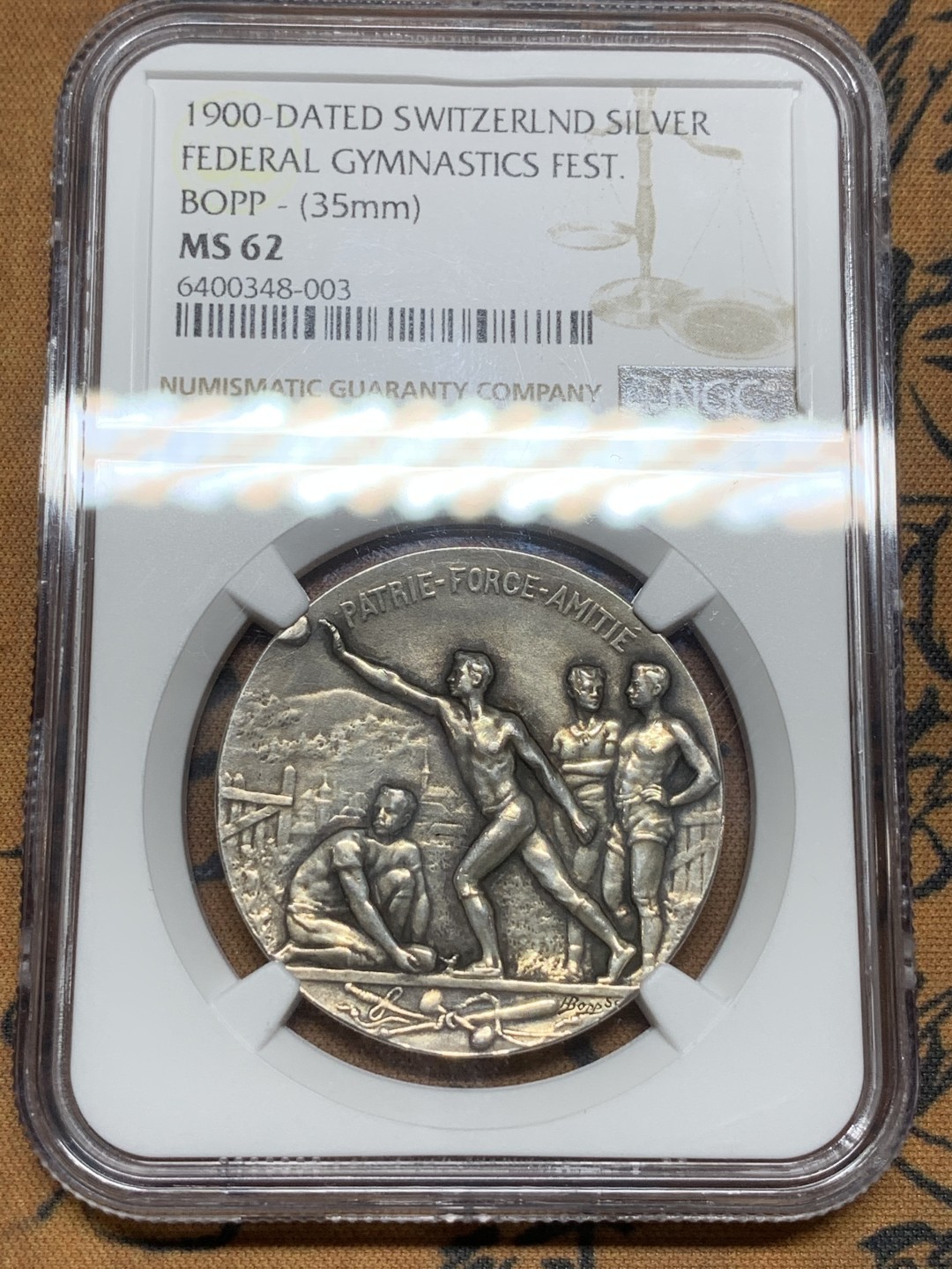 《竞宝斋》第98场-本周日，周一2场连拍（全场不限金额包邮） NGC MS62  1900年瑞士联邦体育节银章 稀少品种 形象生动