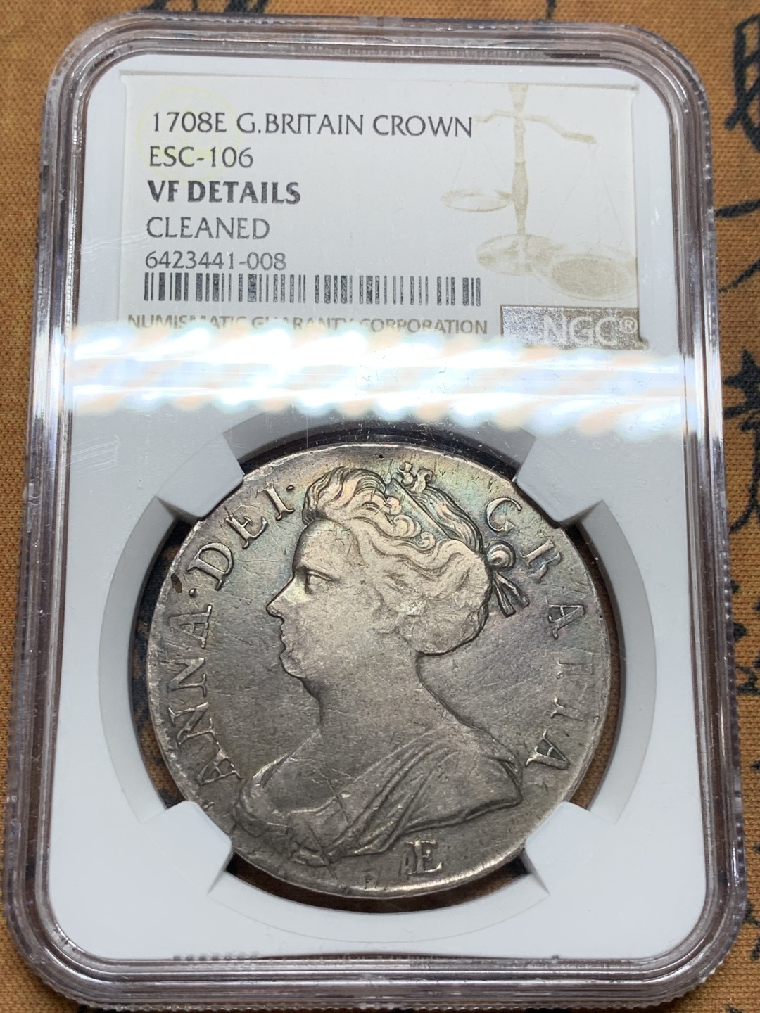 《竞宝斋》第98场-本周日，周一2场连拍（全场不限金额包邮） NGC-VFD 英国1708年E版安妮女王1克朗大银币 爱丁堡厂少见！持续涨价品种！