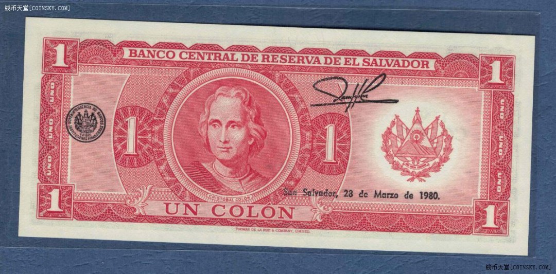 萨尔瓦多1977年1科朗 P-125 TR序列 美洲纸币 实物图 UNC