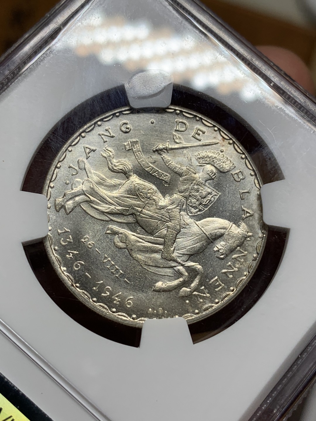 《竞宝斋》第98场-本周日，周一2场连拍（全场不限金额包邮） NGC-MS63 卢森堡 1946年 约翰 50法郎 银币 马剑 深打 品相很好 NGC给分保守了