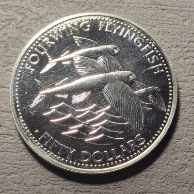 0起1加-纯粹捡漏拍-121场国庆银币套币场 - 【少见】巴巴多斯1984年50元飞鱼FAO纪念银币-量3600