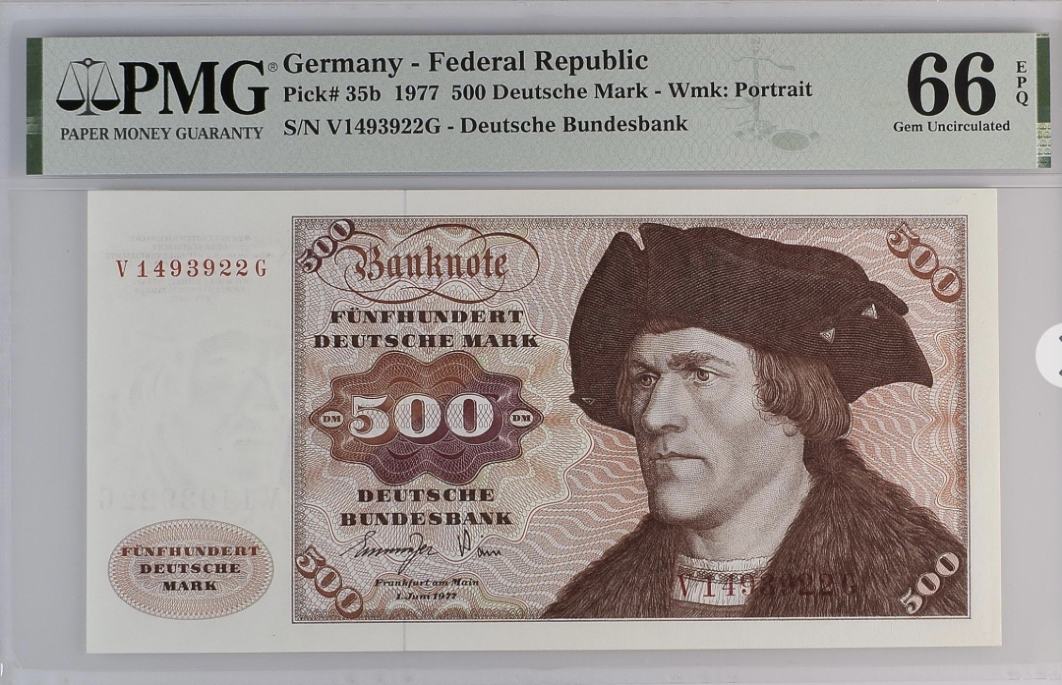 收藏联盟Quantum Auction 第194期——白金之夜 秋季拍卖 德国联邦1977年500马克 PMG66 名画《无须男子肖像》