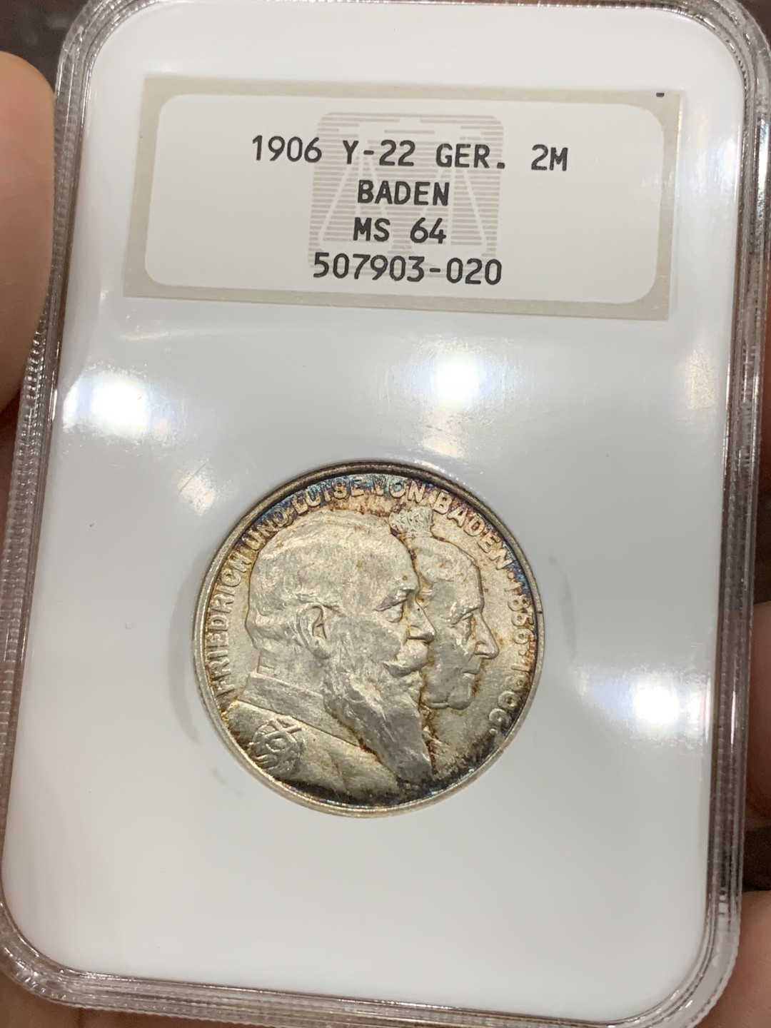 《竞宝斋》第98场-本周日，周一2场连拍（全场不限金额包邮） NGC-MS64 德国巴登1906年2马克银币，好题材金婚纪念马克，NGC老白盒，轻彩好品