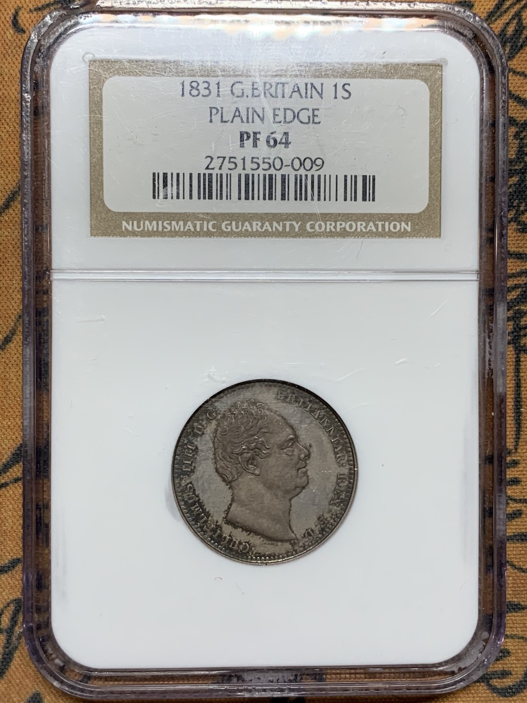《竞宝斋》第98场-本周日，周一2场连拍（全场不限金额包邮） NGC-PF64 1831年英国威廉四世精铸先令银币-平边（NGC老盒，英伦包浆状态佳）盒子正面左上角边缘有小缺口