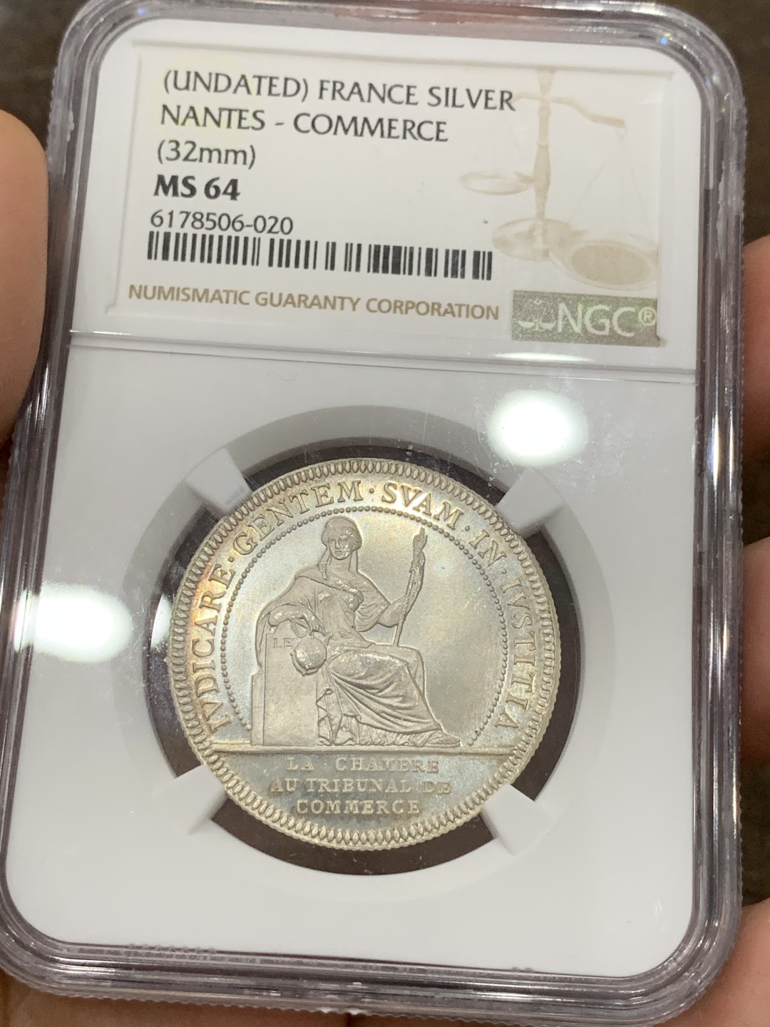 《竞宝斋》第98场-本周日，周一2场连拍（全场不限金额包邮） NGC MS64 法国19世纪南特商会银章代用币 五彩包浆 难得品相