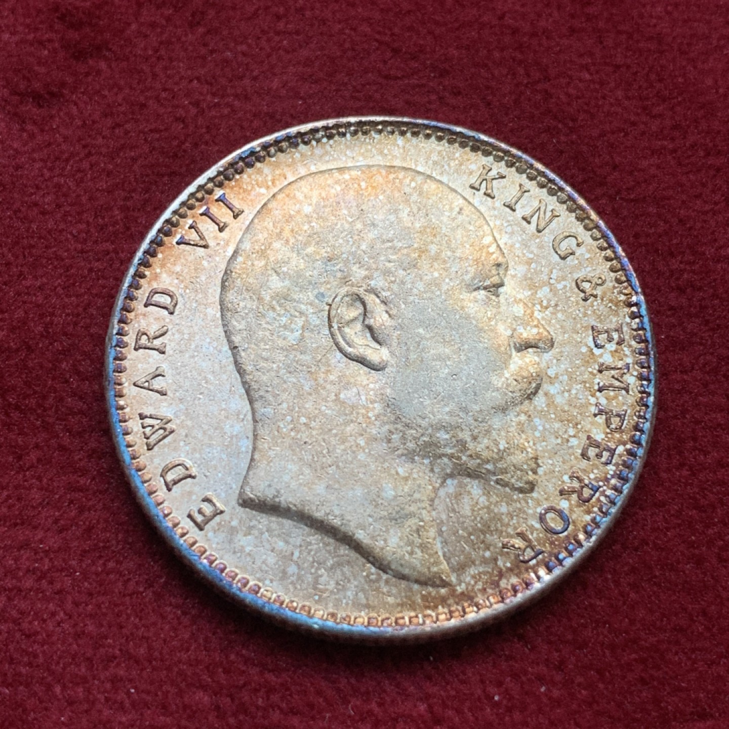 《竞宝斋》第98场-本周日，周一2场连拍（全场不限金额包邮） 印度1903年卢比 未流通品相 有转光 人面橘红色包浆漂亮