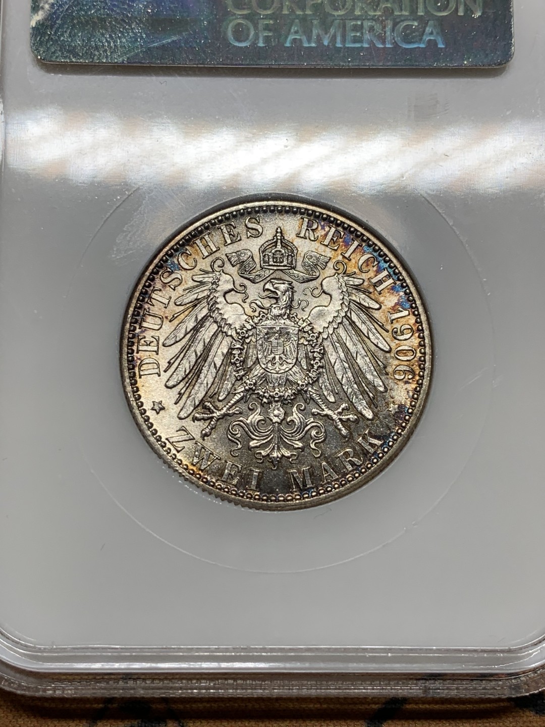 《竞宝斋》第98场-本周日，周一2场连拍（全场不限金额包邮） NGC-MS64 德国巴登1906年2马克银币，好题材金婚纪念马克，NGC老白盒，轻彩好品