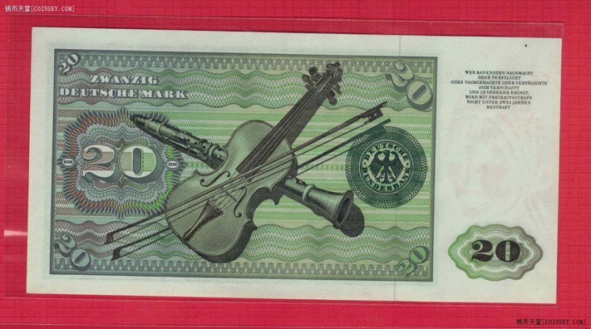 德国(联邦德国 西德)1970年20马克 P-32a 欧洲纸币 实物图 UNC