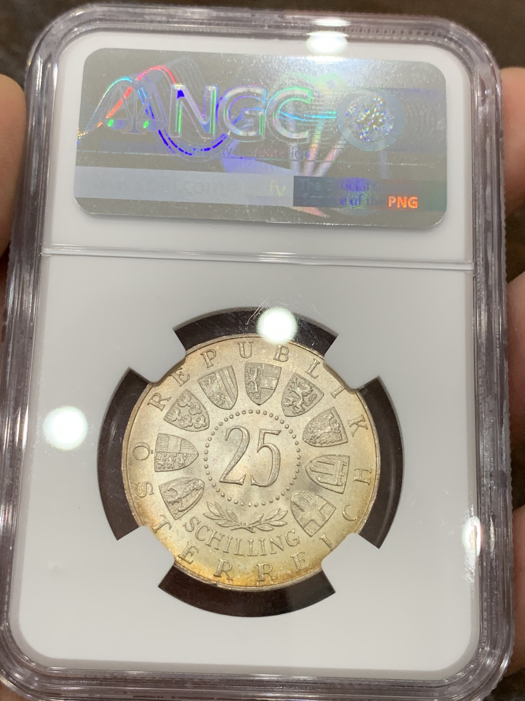 《竞宝斋》第98场-本周日，周一2场连拍（全场不限金额包邮） NGC MS65 奥地利 1955年 国家歌剧院 25先令 银币 炫金色包浆 非常漂亮