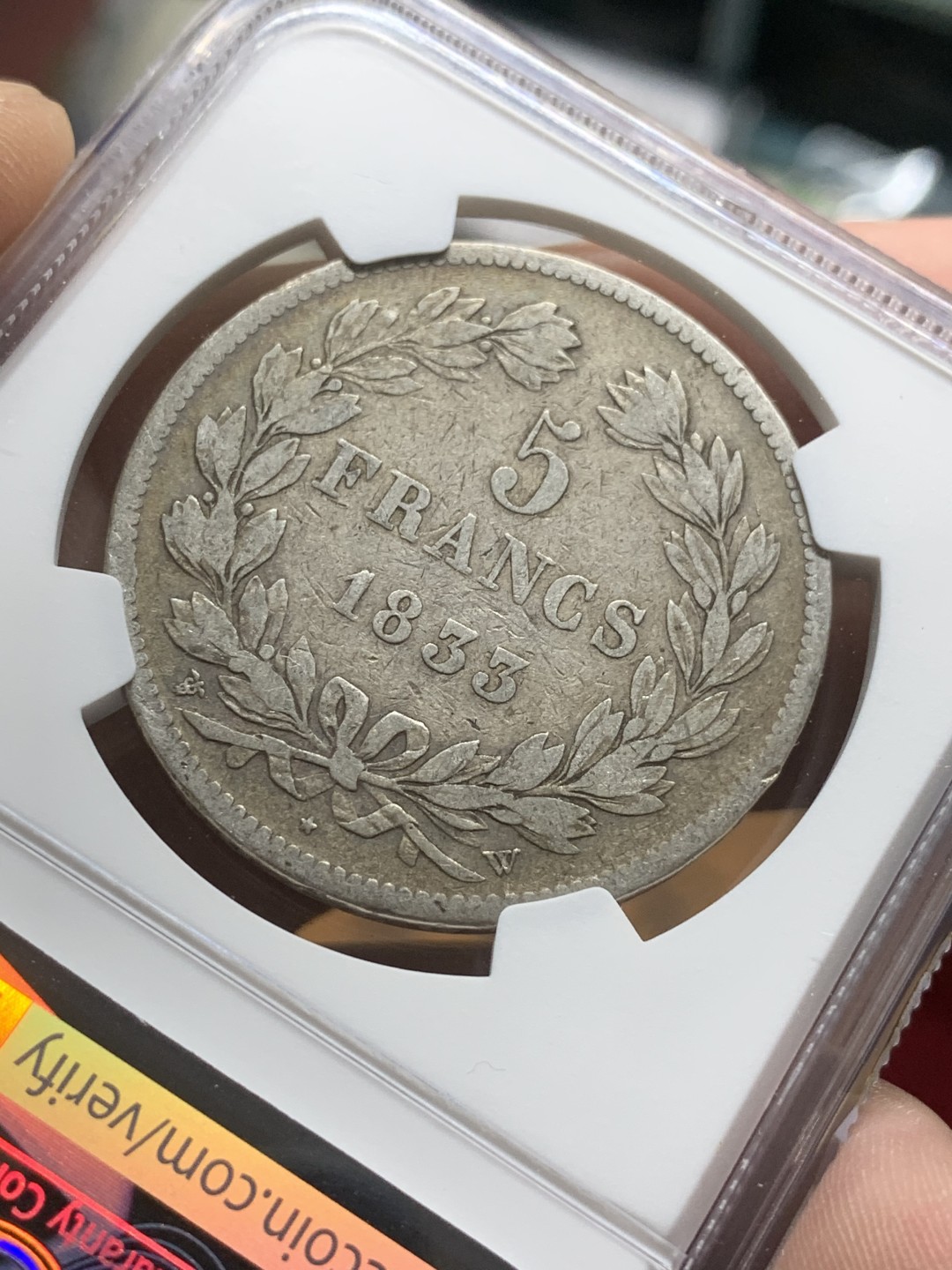 《竞宝斋》第98场-本周日，周一2场连拍（全场不限金额包邮） NGC-VF25 法国1833-W年 路易斯飞利浦一世5法郎大银币 原味好品 别看分数低 这也是第五名 早期年份出分不易