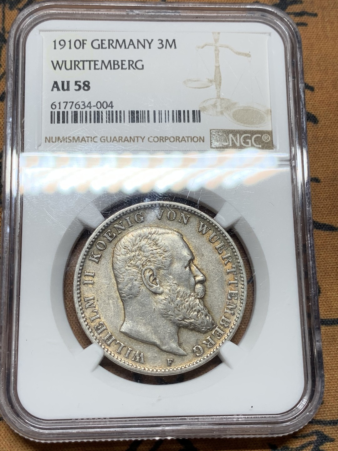 《竞宝斋》第98场-本周日，周一2场连拍（全场不限金额包邮） NGC AU58 德国 1910年 符腾堡 3马克银币